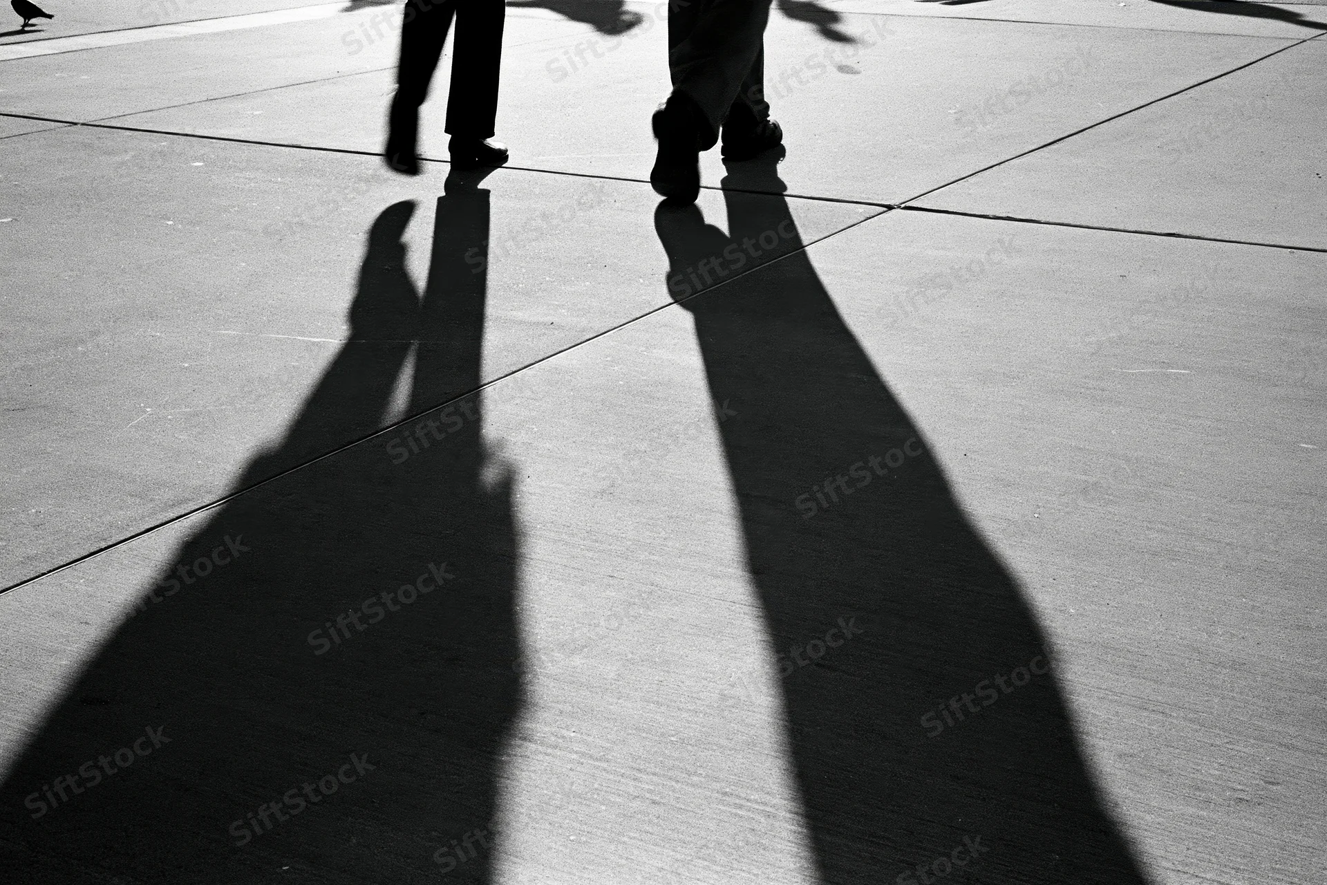 Two people walking away on a city sidewalk, their long shadows cast on the pavement