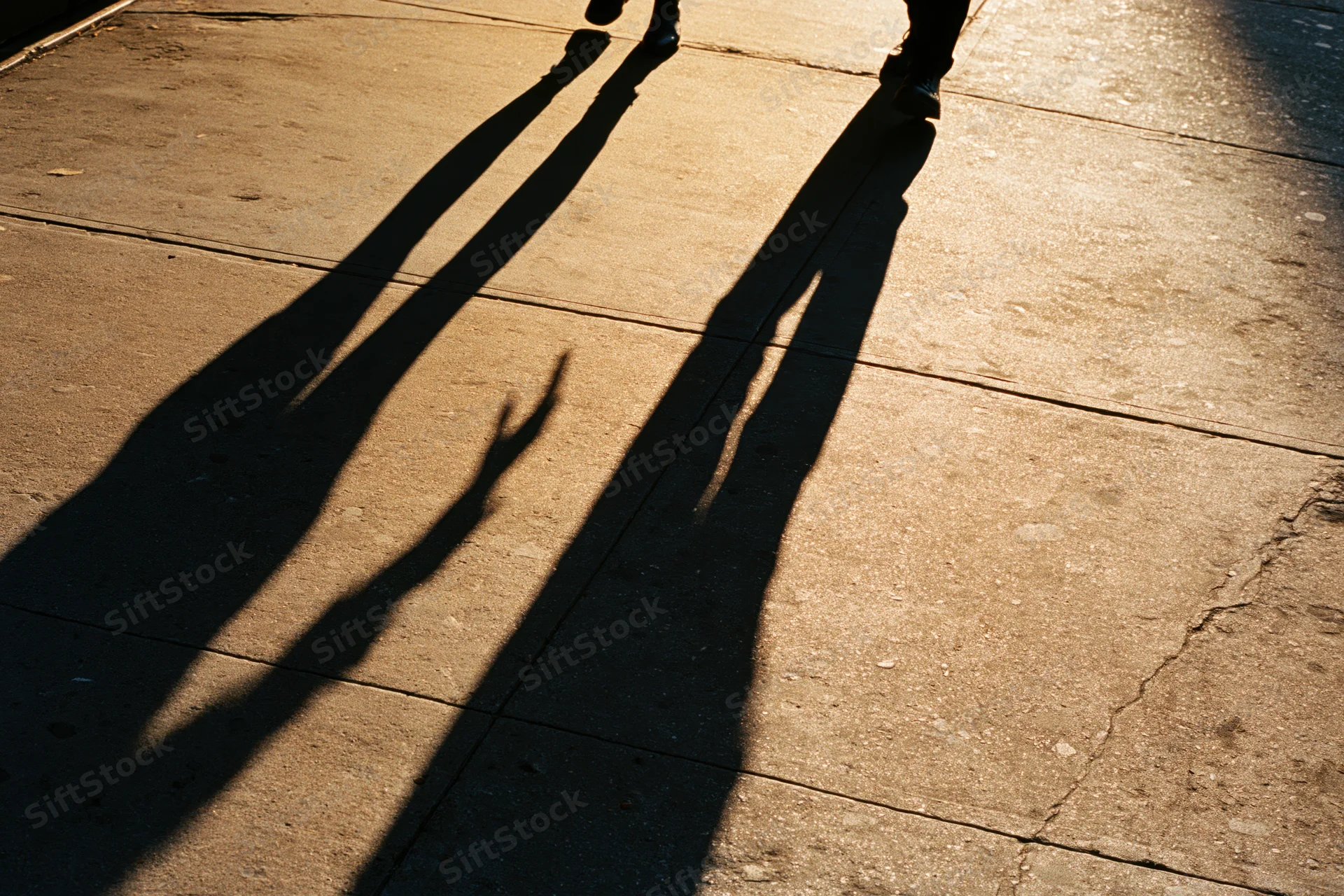 Long shadows of two people walking on a cracked concrete sidewalk in sunlight
