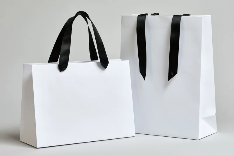 Two plain white paper shopping bags with black ribbon handles on a neutral background