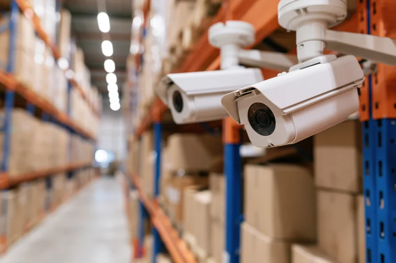 Two white cctv cameras mounted overhead in a warehouse aisle between shelves filled with boxes