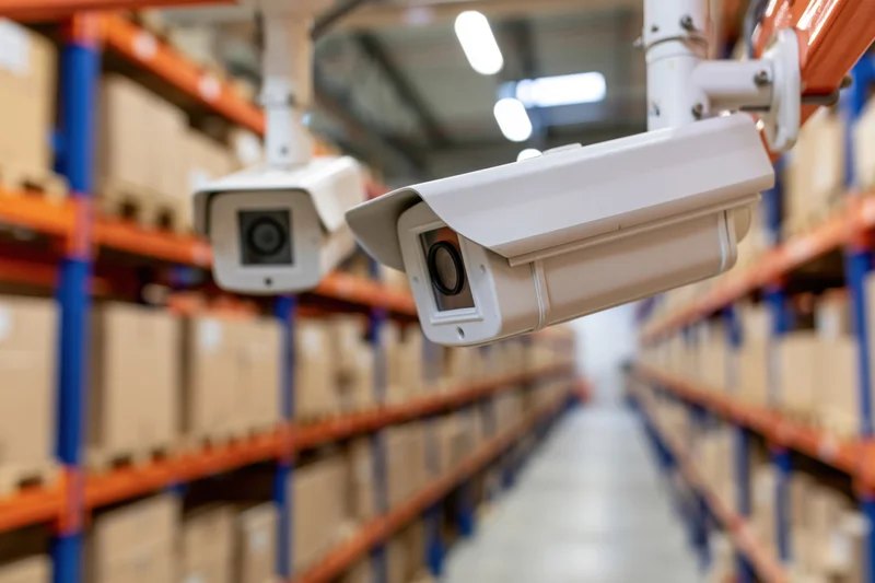 Two white cctv security cameras mounted overhead in a warehouse aisle between storage racks