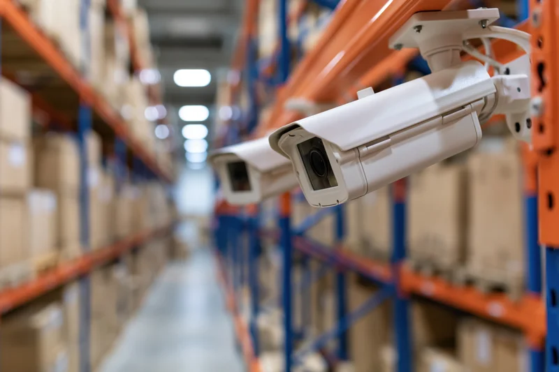 White cctv security cameras mounted overhead in a warehouse aisle between orange and blue shelving units filled with cardboard boxes