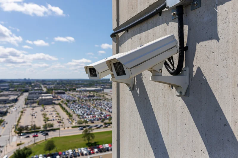 Two white cctv cameras mounted on a concrete wall overlooking a parking lot and cityscape