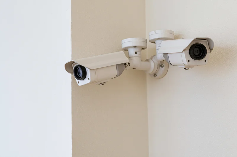 Two white bullet-style cctv cameras mounted on a wall corner indoors