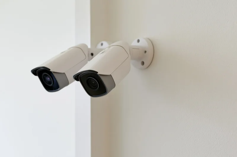 Two white bullet-style security cameras mounted on an interior wall corner
