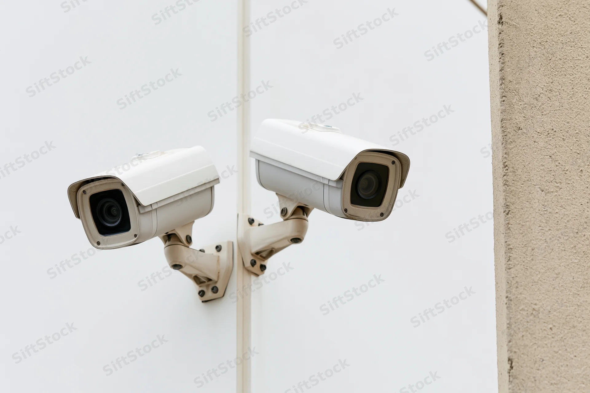 Two white bullet cctv cameras mounted on a beige concrete wall outdoors