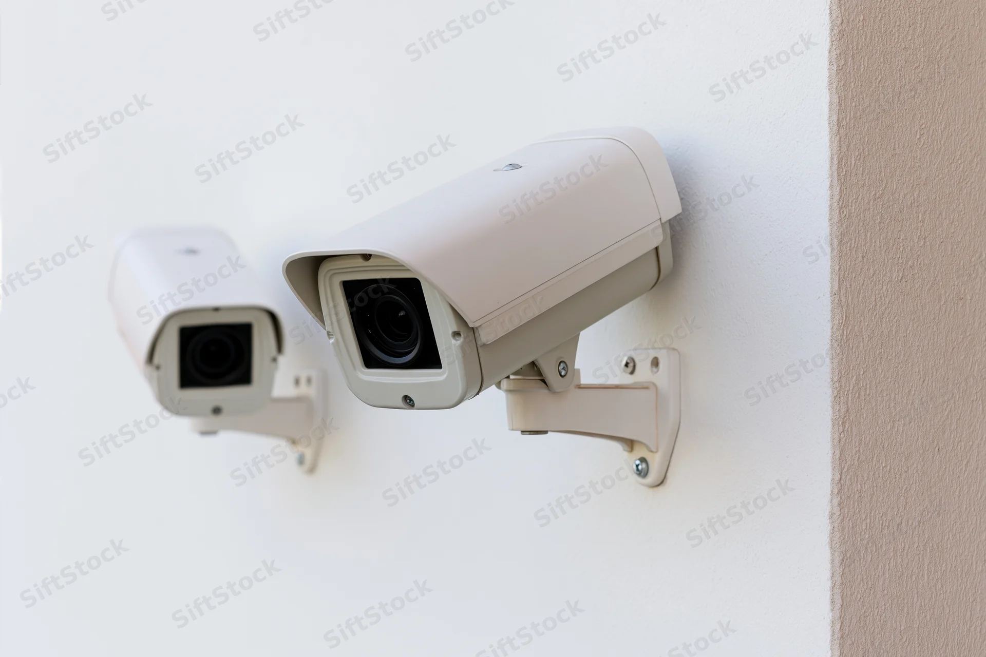 Two white outdoor cctv bullet cameras mounted on a beige wall corner