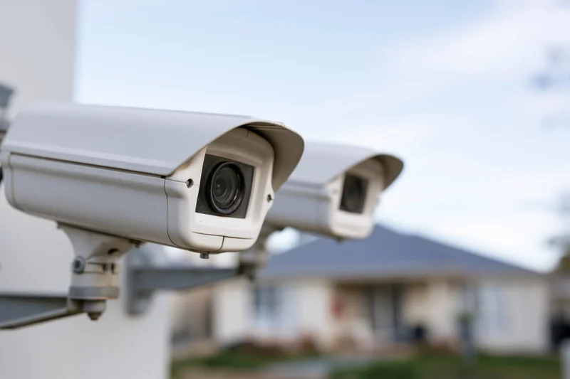 Two white outdoor cctv security cameras mounted on metal brackets near a house
