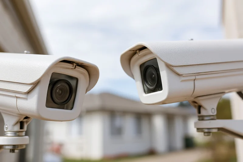 Two white outdoor cctv security cameras mounted on metal brackets near a house