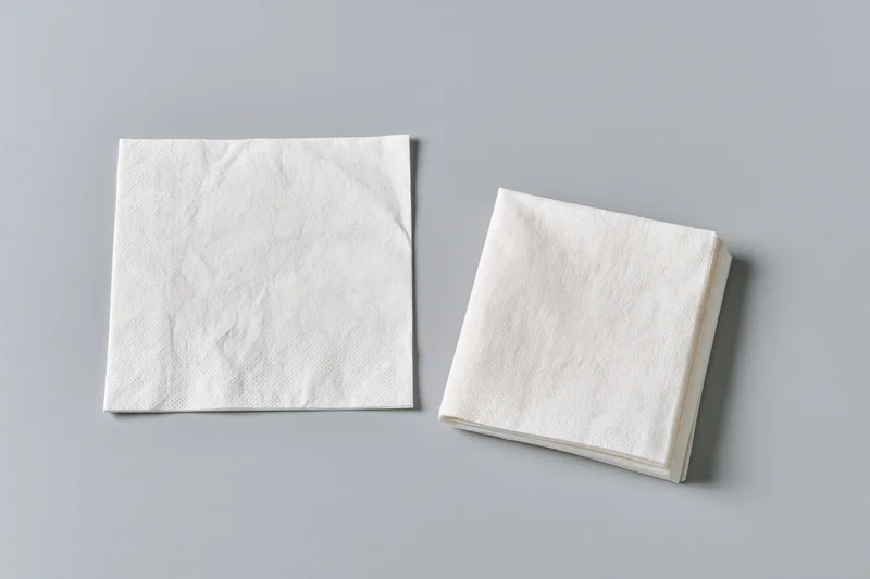Two white paper napkins, one folded and one flat, on a plain grey surface