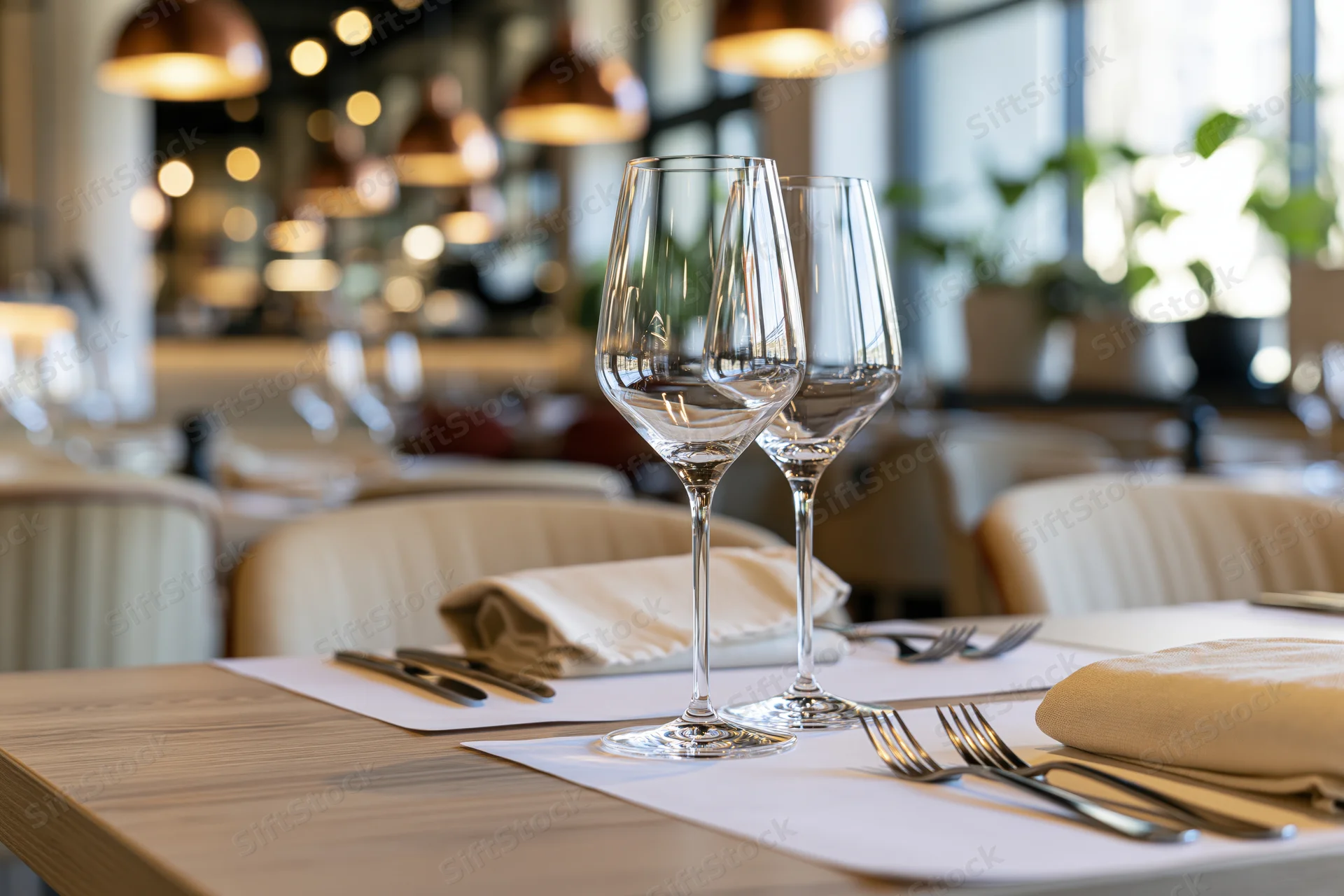 Two empty wine glasses on a set dining table in an upscale restaurant interior