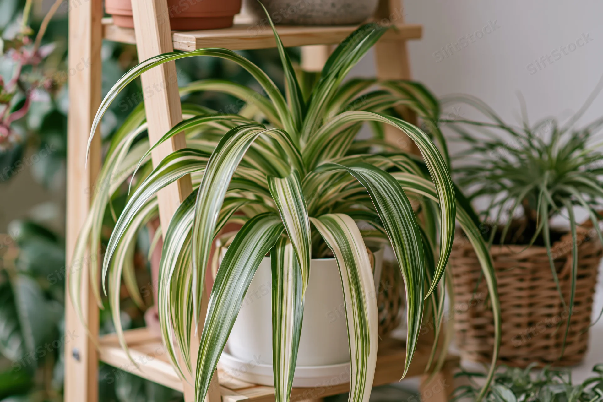 Variegated dracaena houseplant with long arching green and white leaves in a white ceramic pot on a wooden shelf indoors