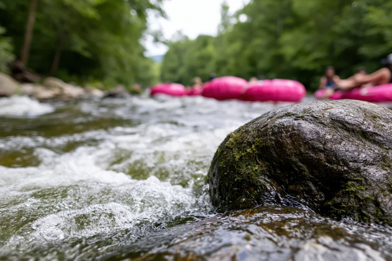 Mossy river rock in foreground with white water rushing past, people floating on pink rafts in background