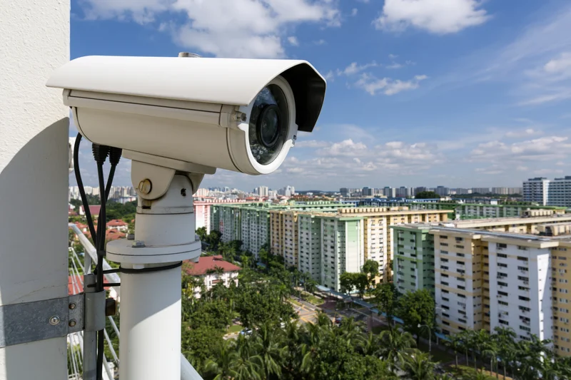 White cctv security camera mounted on pole overlooking urban residential buildings under blue sky
