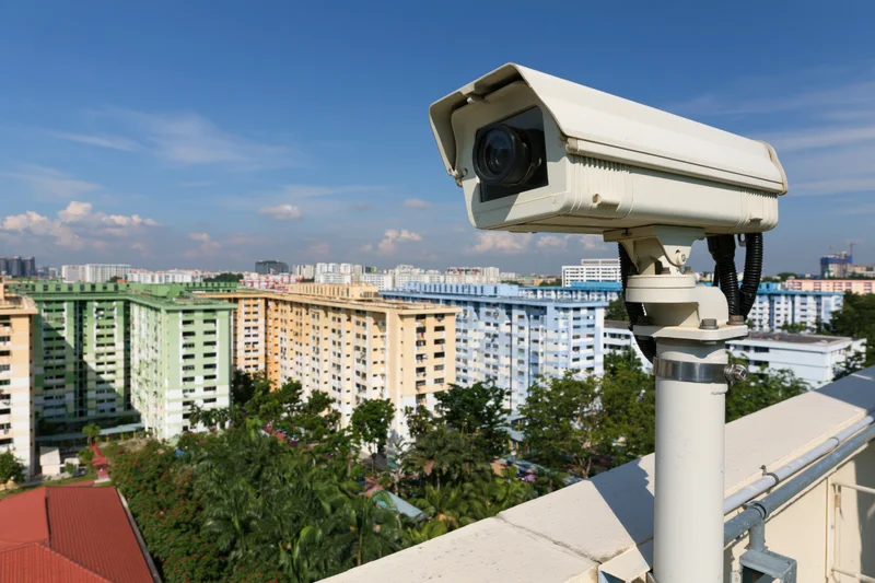 White cctv security camera mounted on pole overlooking urban apartment buildings under blue sky