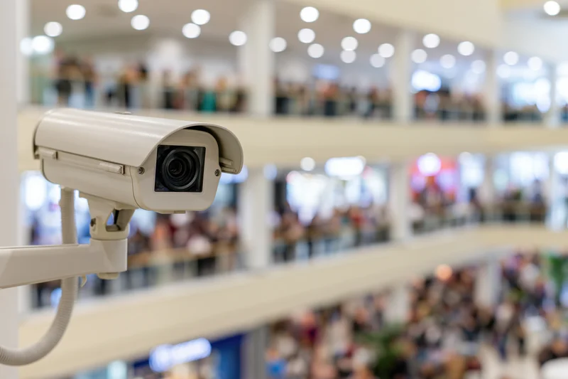 White cctv security camera mounted on bracket overlooking crowded shopping mall interior