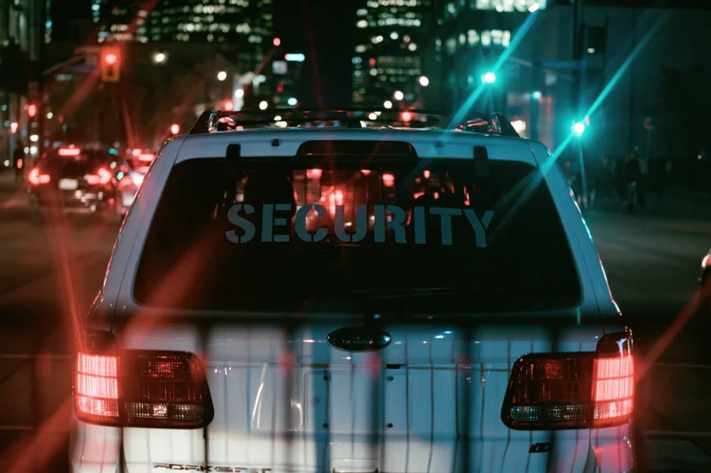 White suv with security lettering on rear windshield in city traffic at night