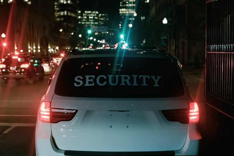 White suv with security lettering on rear windshield parked on city street at night