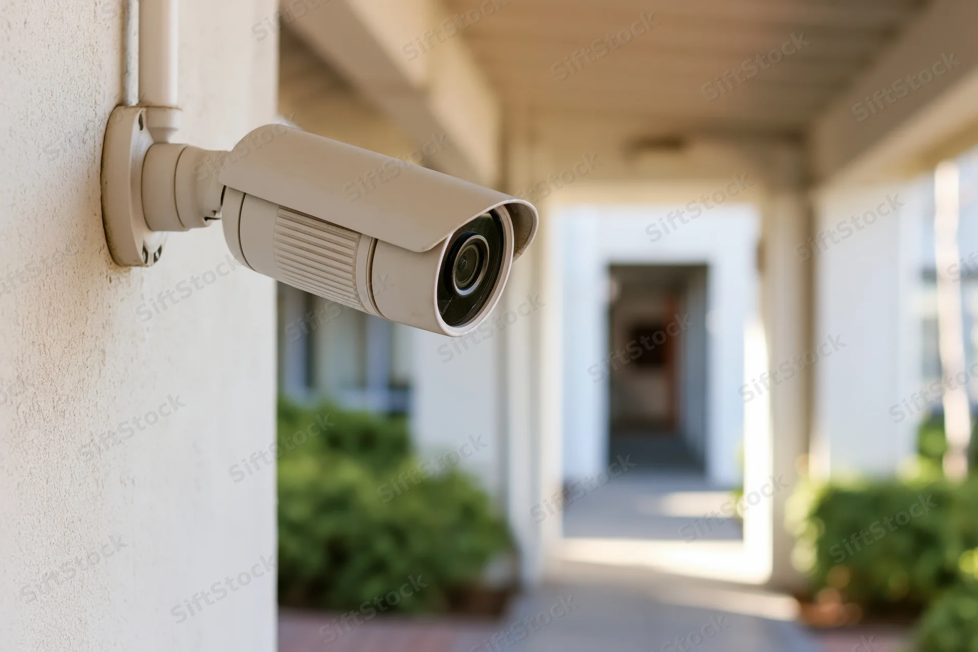 White bullet-style security camera mounted on a stucco wall overlooking a sunlit residential hallway