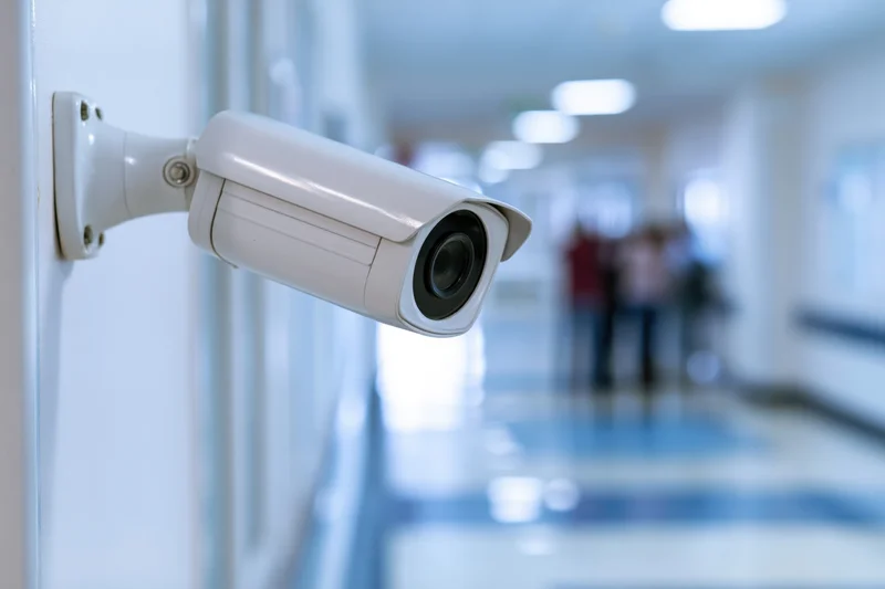 White bullet-style security camera mounted on a wall in a hallway with blurred figures in the background