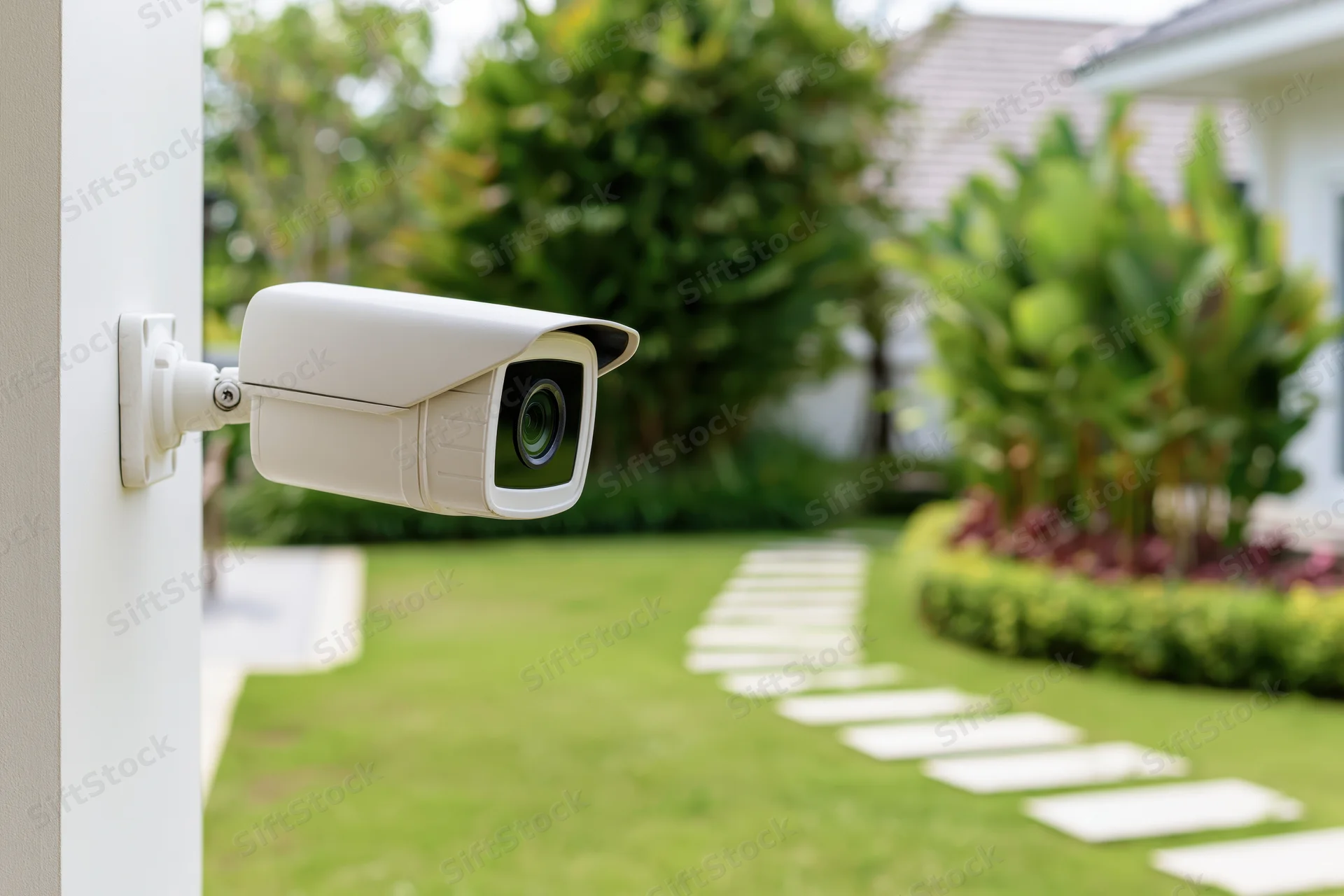 White cctv security camera mounted on a house wall overlooking a green garden with a stone pathway