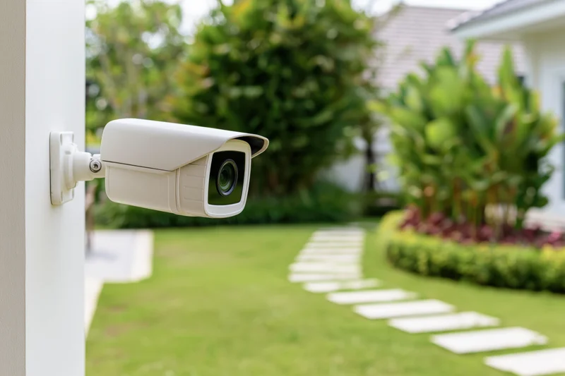 White cctv security camera mounted on a house wall overlooking a green garden with a stone pathway