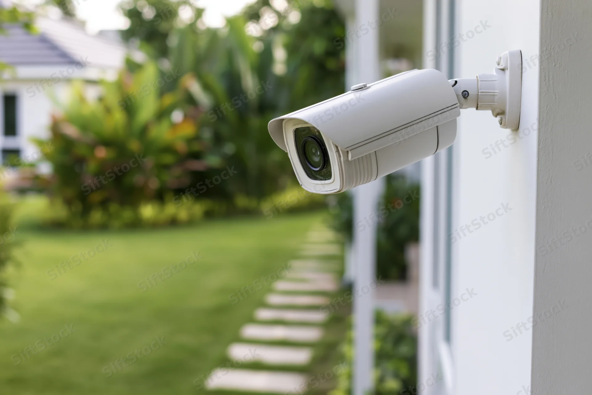 White cctv security camera mounted on house exterior wall overlooking garden pathway