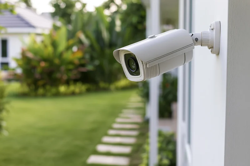 White cctv security camera mounted on house exterior wall overlooking garden pathway