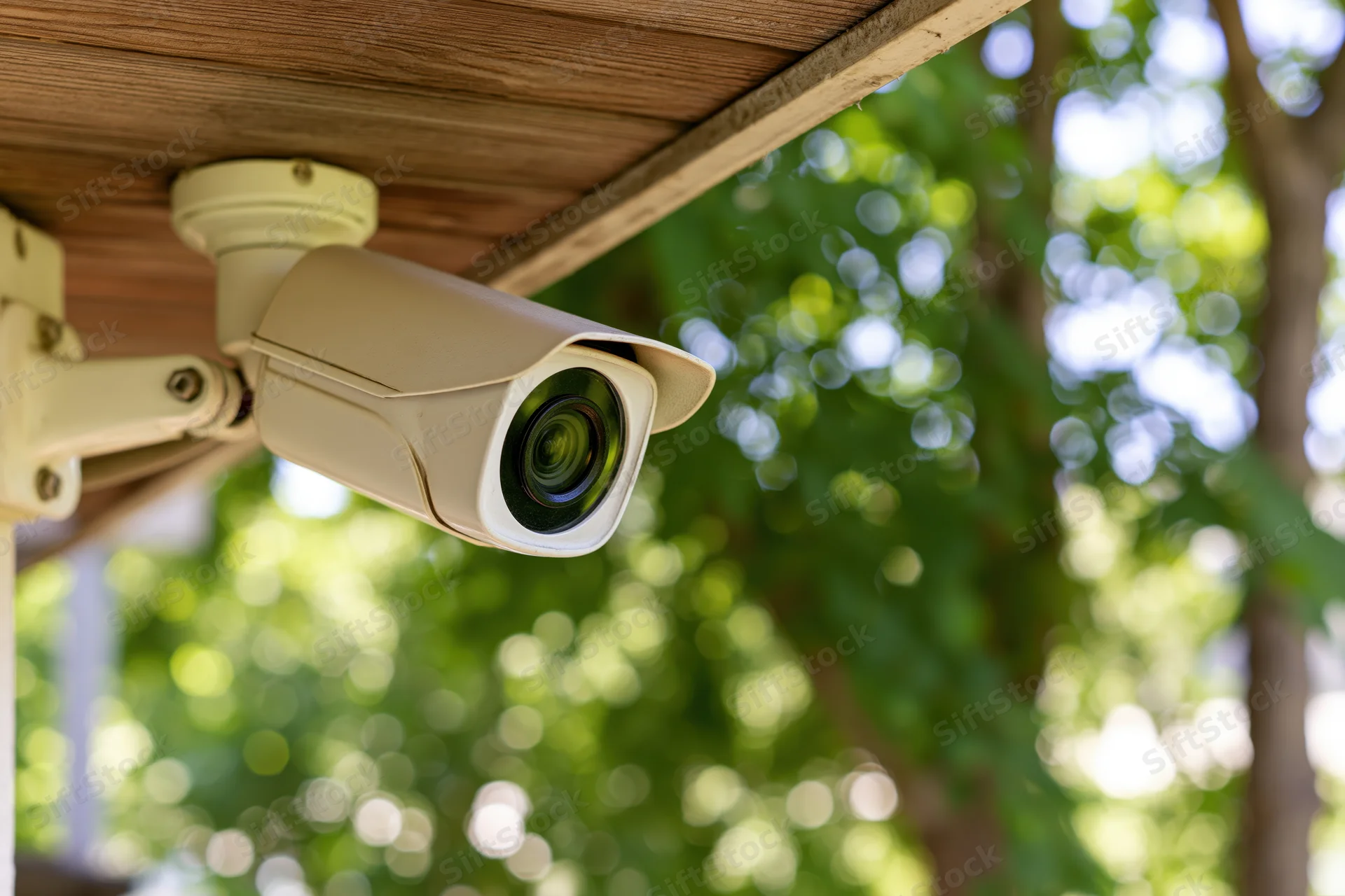 White cctv security camera mounted under wooden ceiling outdoors with green foliage in background