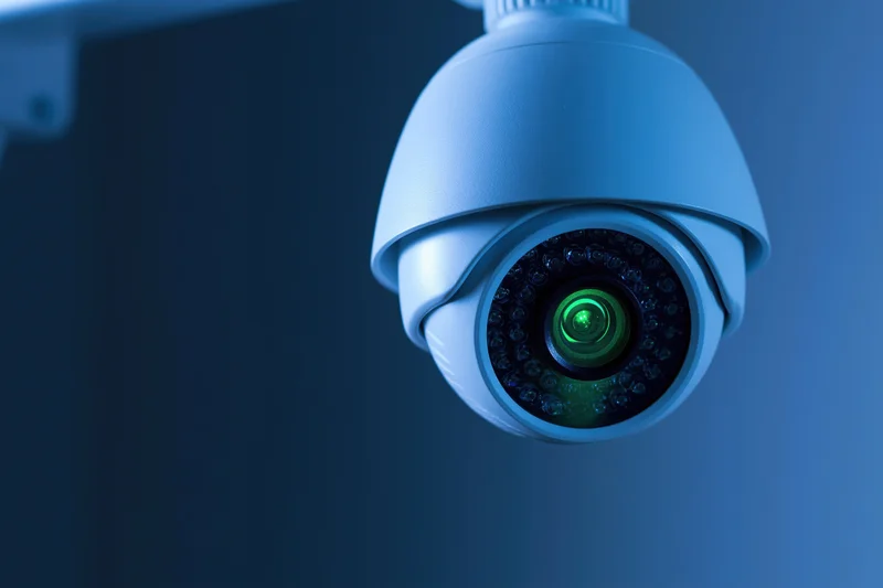 White dome security camera mounted on ceiling bracket with green lens glow