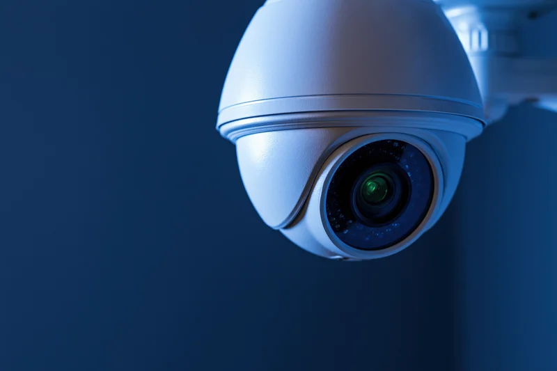 White dome-style security camera mounted on a bracket against a dark blue wall