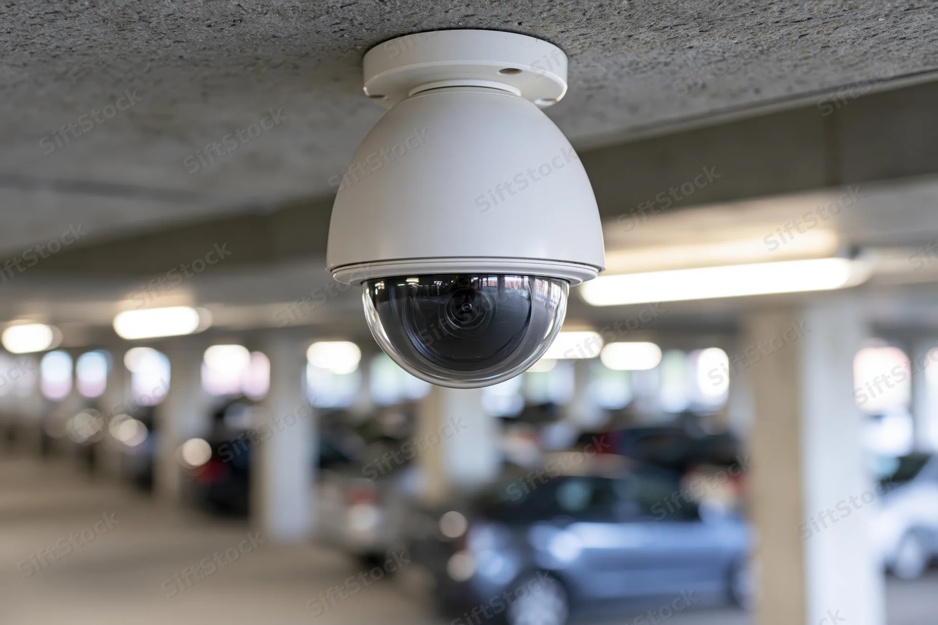 White dome security camera mounted on concrete ceiling in parking garage