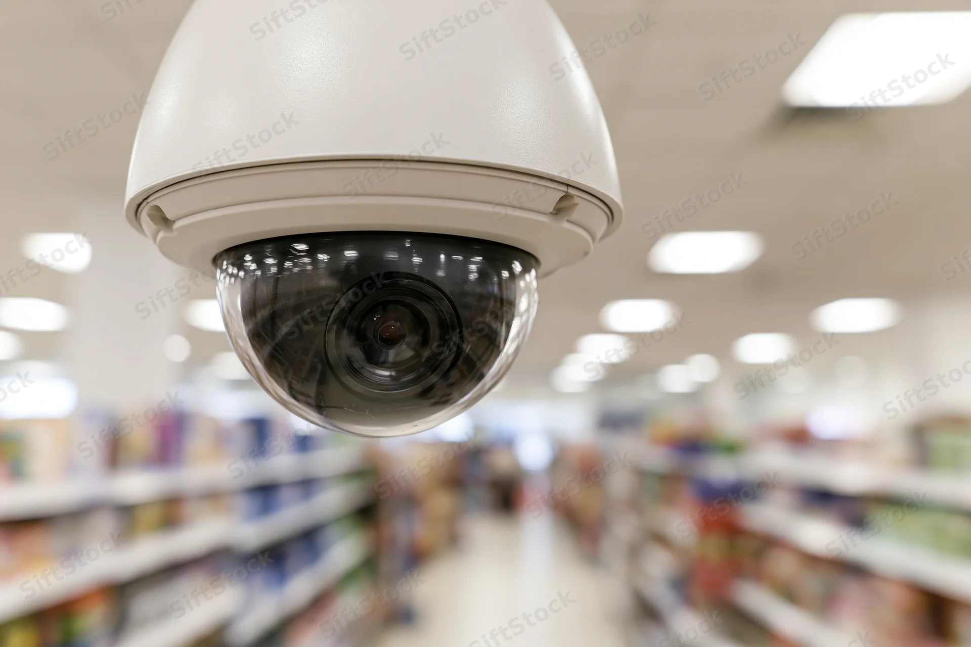 White dome security camera mounted on ceiling in retail store aisle