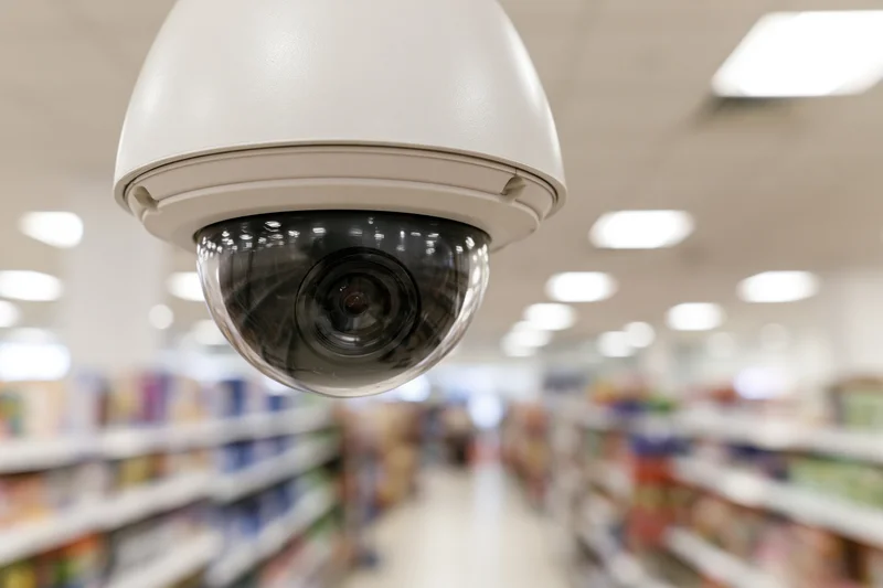 White dome security camera mounted on ceiling in retail store aisle