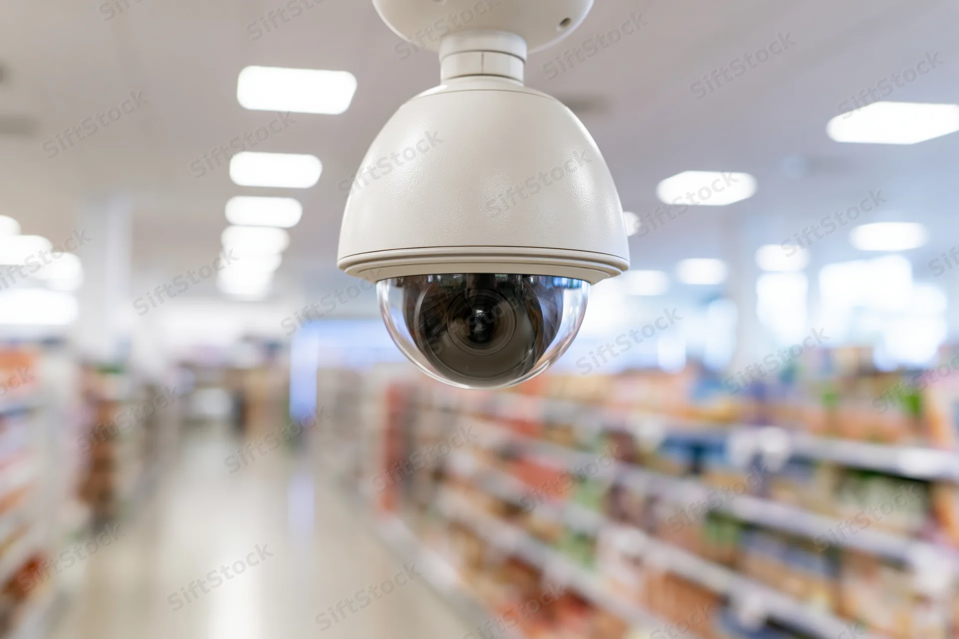 White dome security camera mounted on ceiling in retail store aisle
