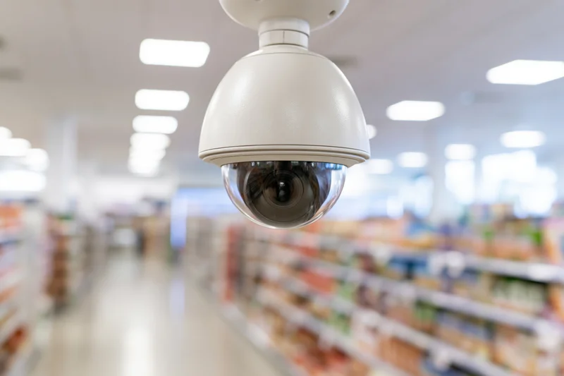 White dome security camera mounted on ceiling in retail store aisle