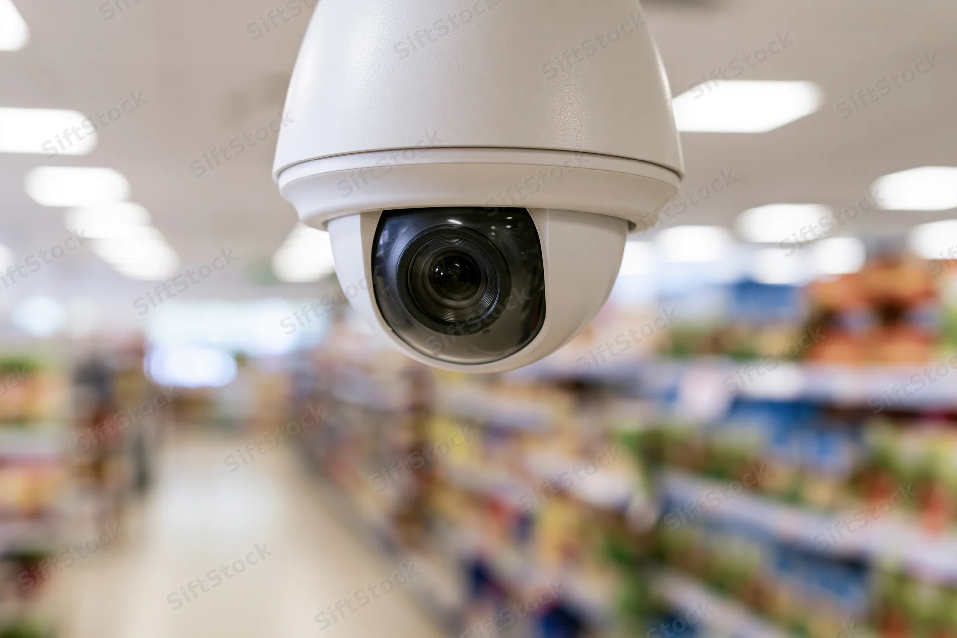 White dome security camera mounted on ceiling in retail store aisle