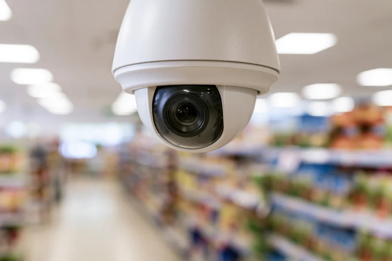 White dome security camera mounted on ceiling in retail store aisle