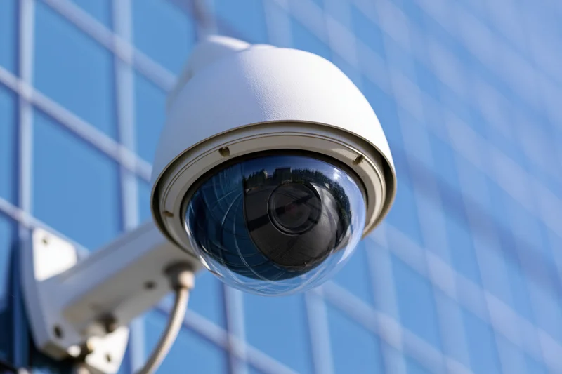 White dome security camera mounted on wall bracket against blue tiled building facade