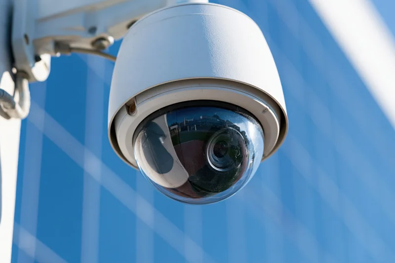 White dome security camera mounted on wall bracket against blue building exterior
