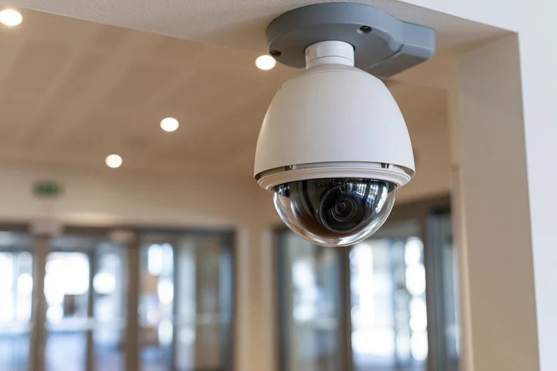 White dome cctv security camera mounted on ceiling bracket in modern indoor lobby
