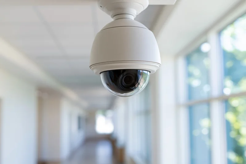White dome ptz security camera mounted on ceiling in indoor hallway