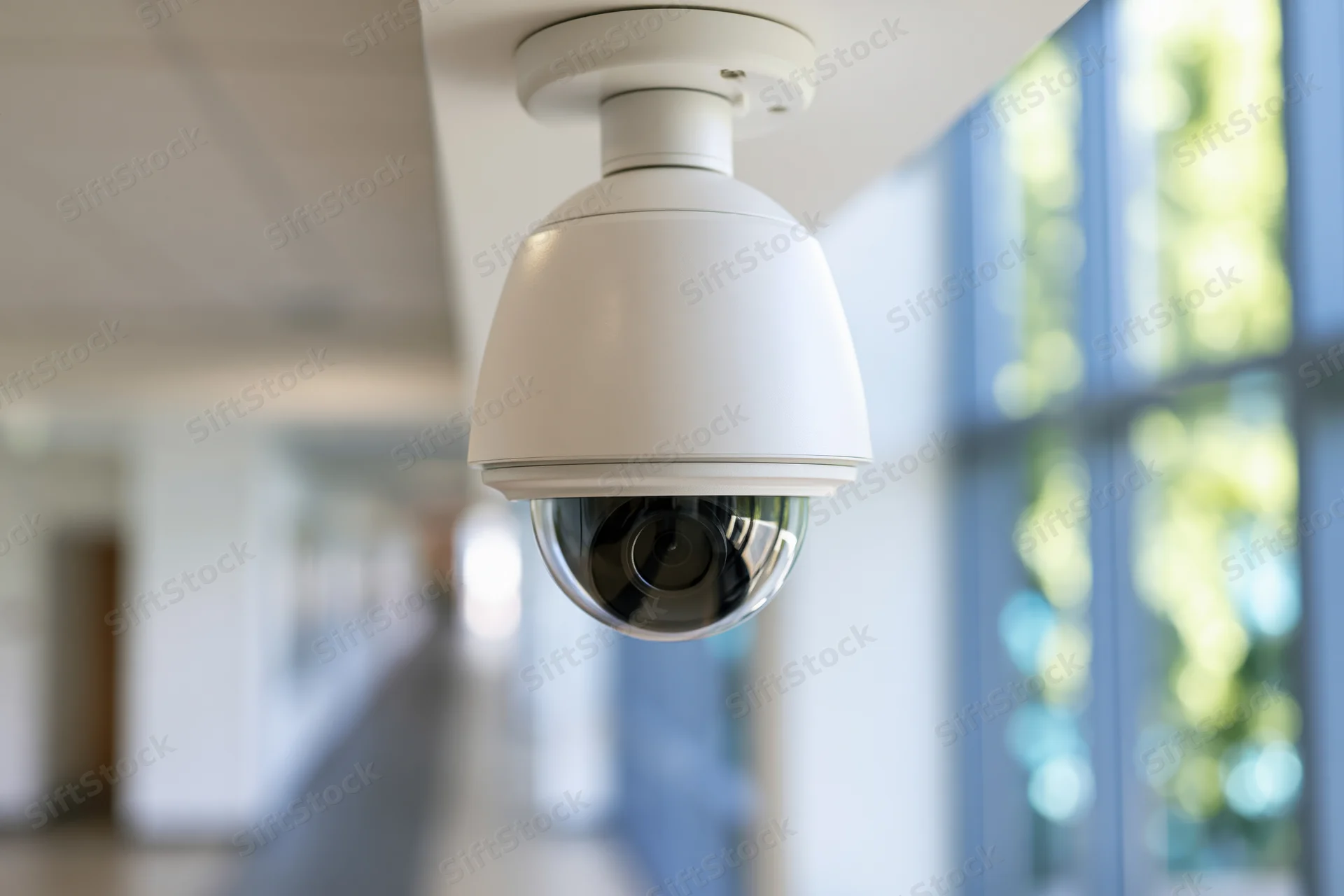 White dome ptz security camera mounted on ceiling in modern office hallway