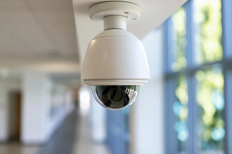 White dome ptz security camera mounted on ceiling in modern office hallway