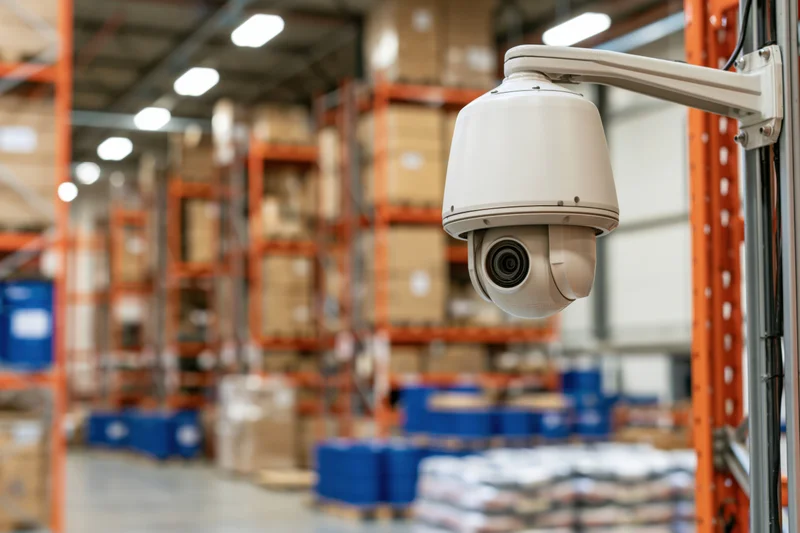 White dome ptz security camera mounted on metal bracket arm in warehouse aisle