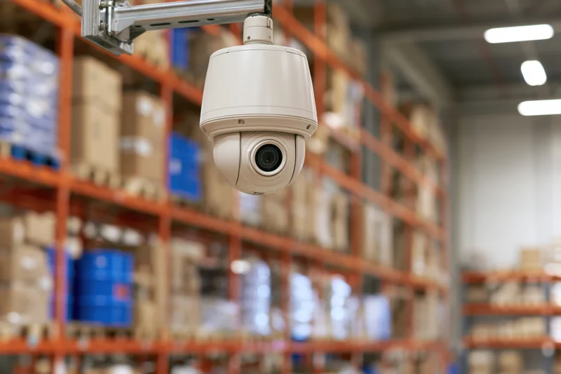 White dome ptz security camera mounted on metal bracket arm in warehouse with storage racks and boxes in background