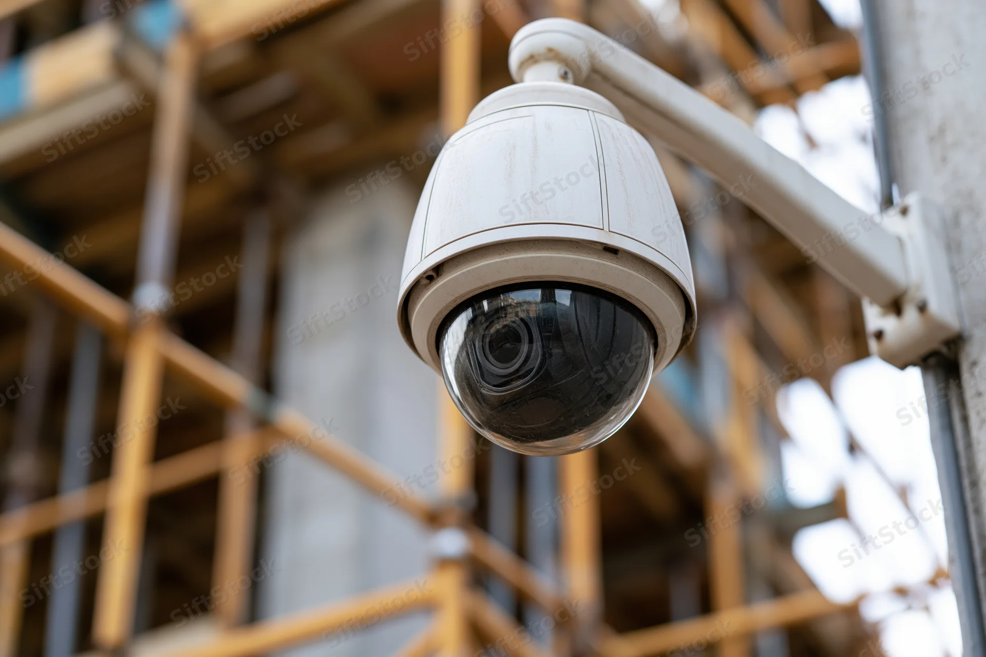 White dome ptz security camera mounted on wall bracket at construction site