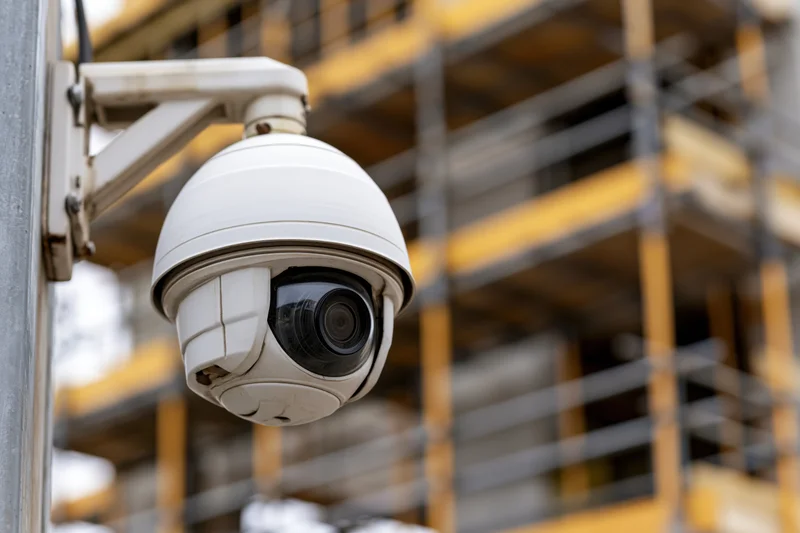 White dome ptz security camera mounted on wall bracket in front of industrial warehouse shelving