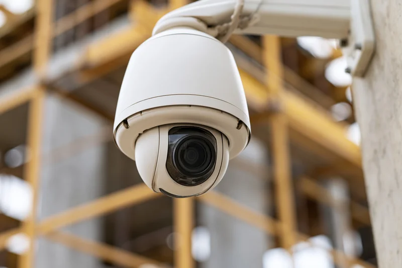 White dome ptz security camera mounted on wall bracket indoors