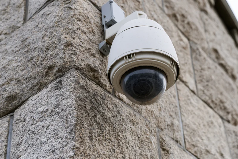 White dome security camera mounted on a stone wall exterior